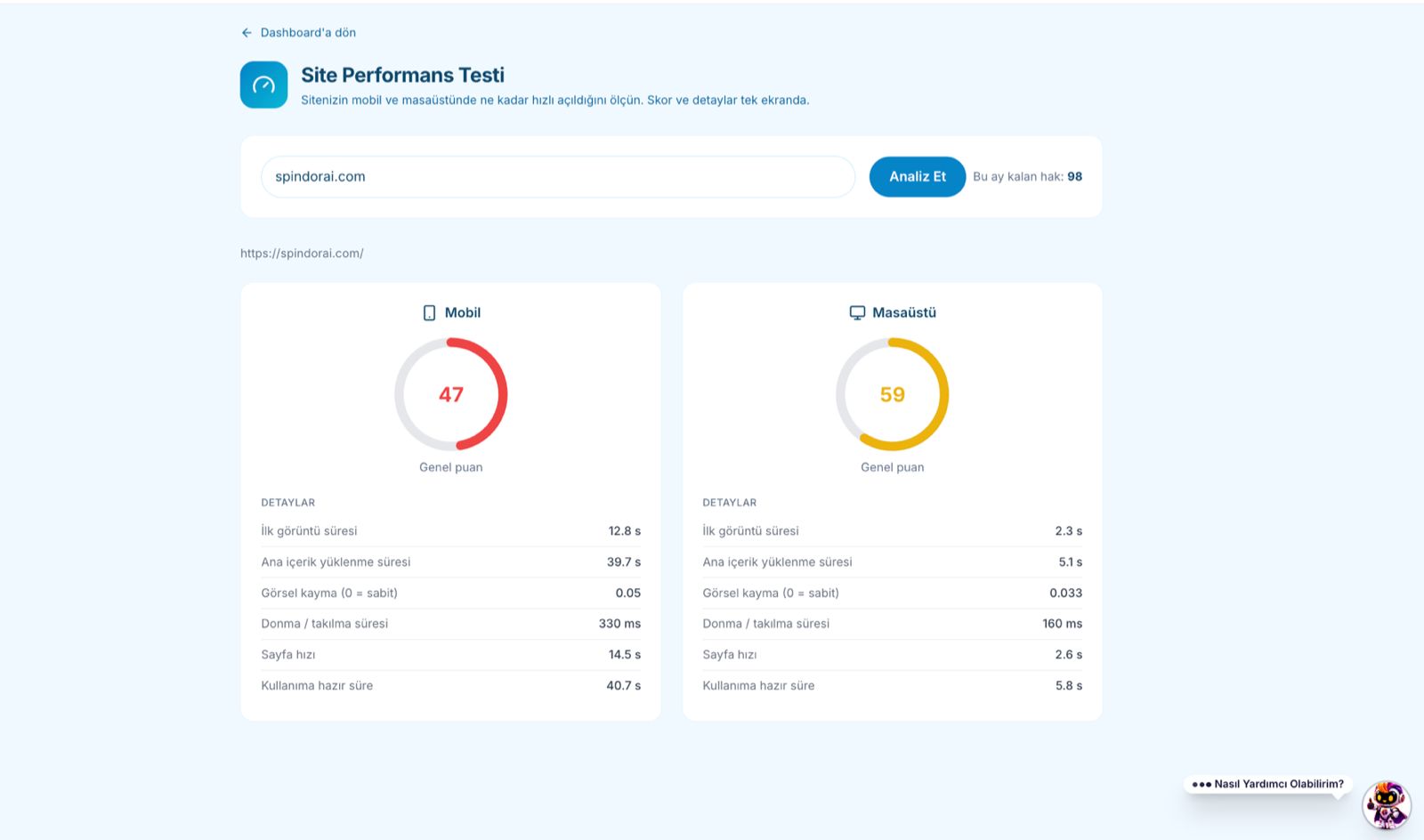 Mobil ve masaüstü performans testi